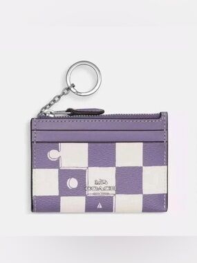 NWT Coach Mini Skinny ID Case w/ Checkerboard Print, Light Violet/Chalk/Silver